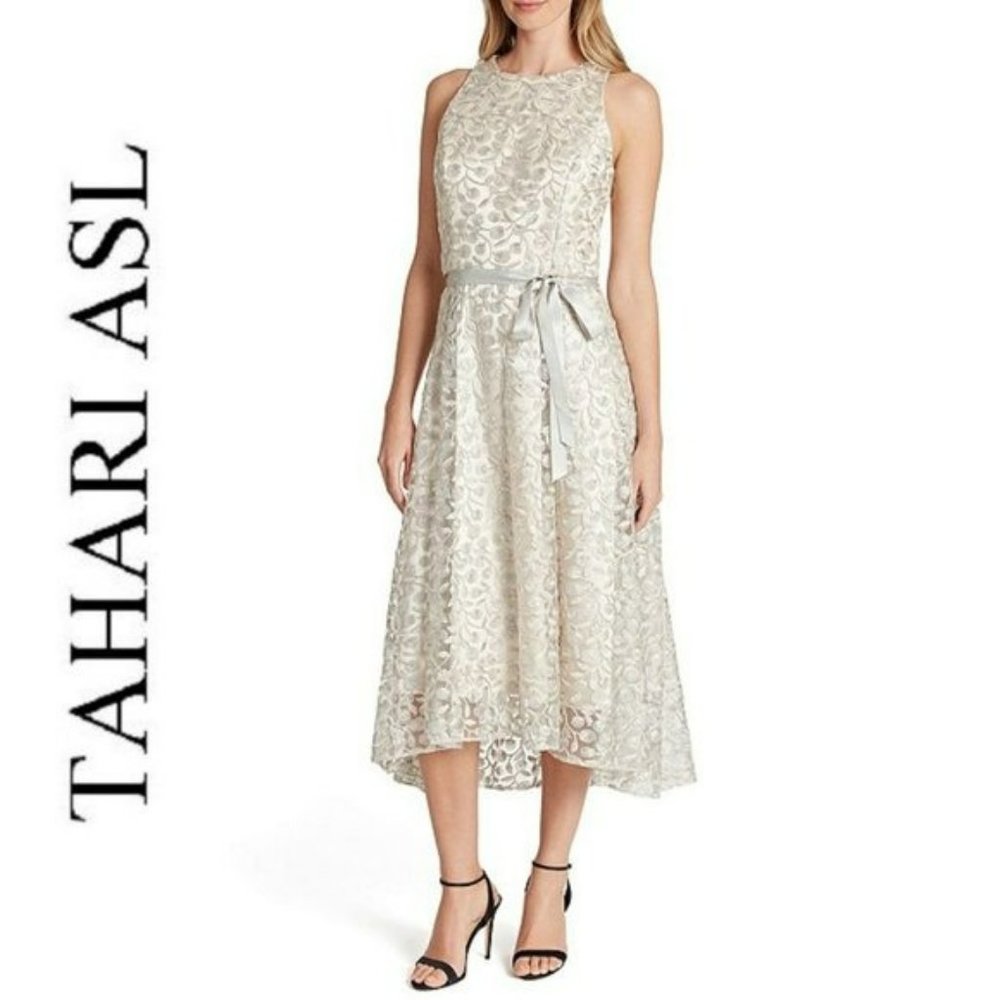 NWT Tahari ASL Embroidered Lace Hi-Low Fit & Flare Party wedding Midi Dress - Picture 1 of 7